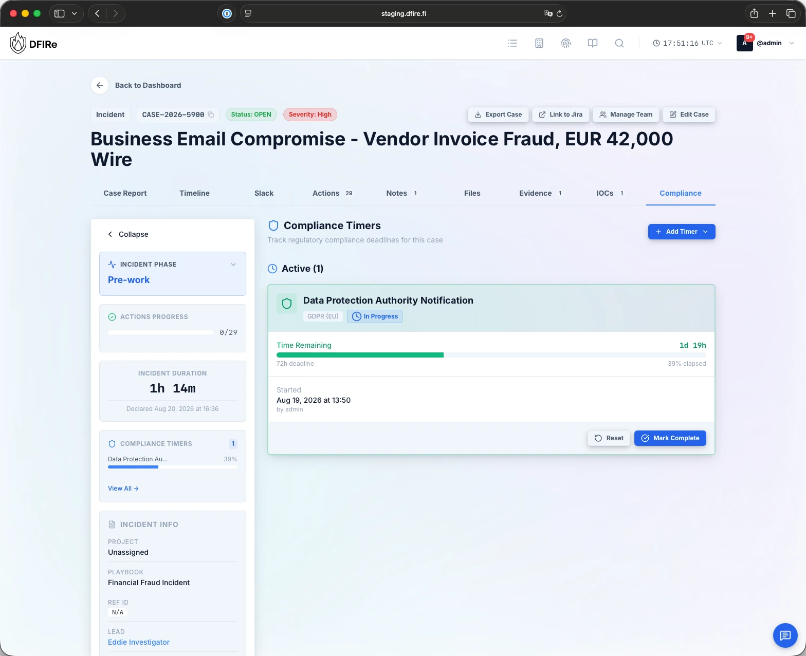 Compliance tab with a GDPR data protection authority notification timer and its time remaining