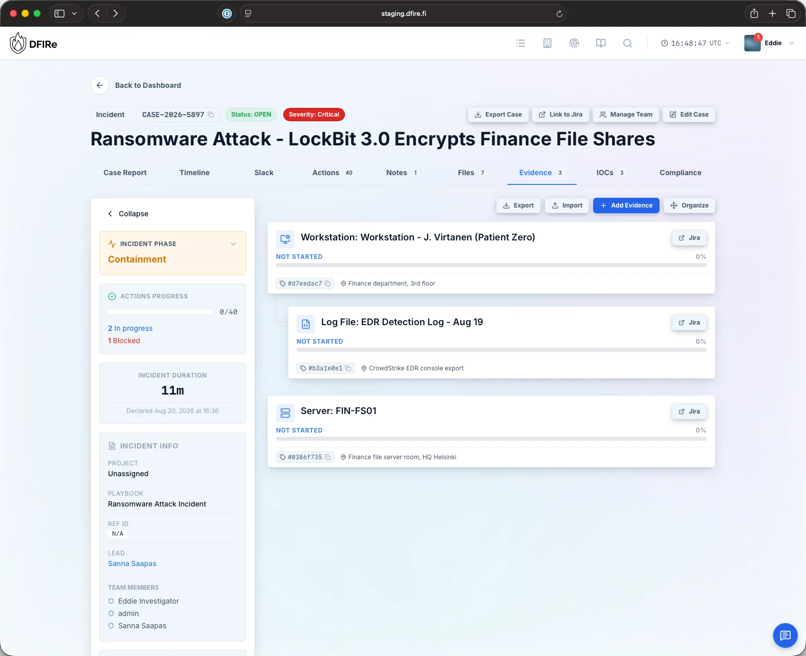 Evidence tab with a workstation, its EDR log and a file server in one hierarchy
