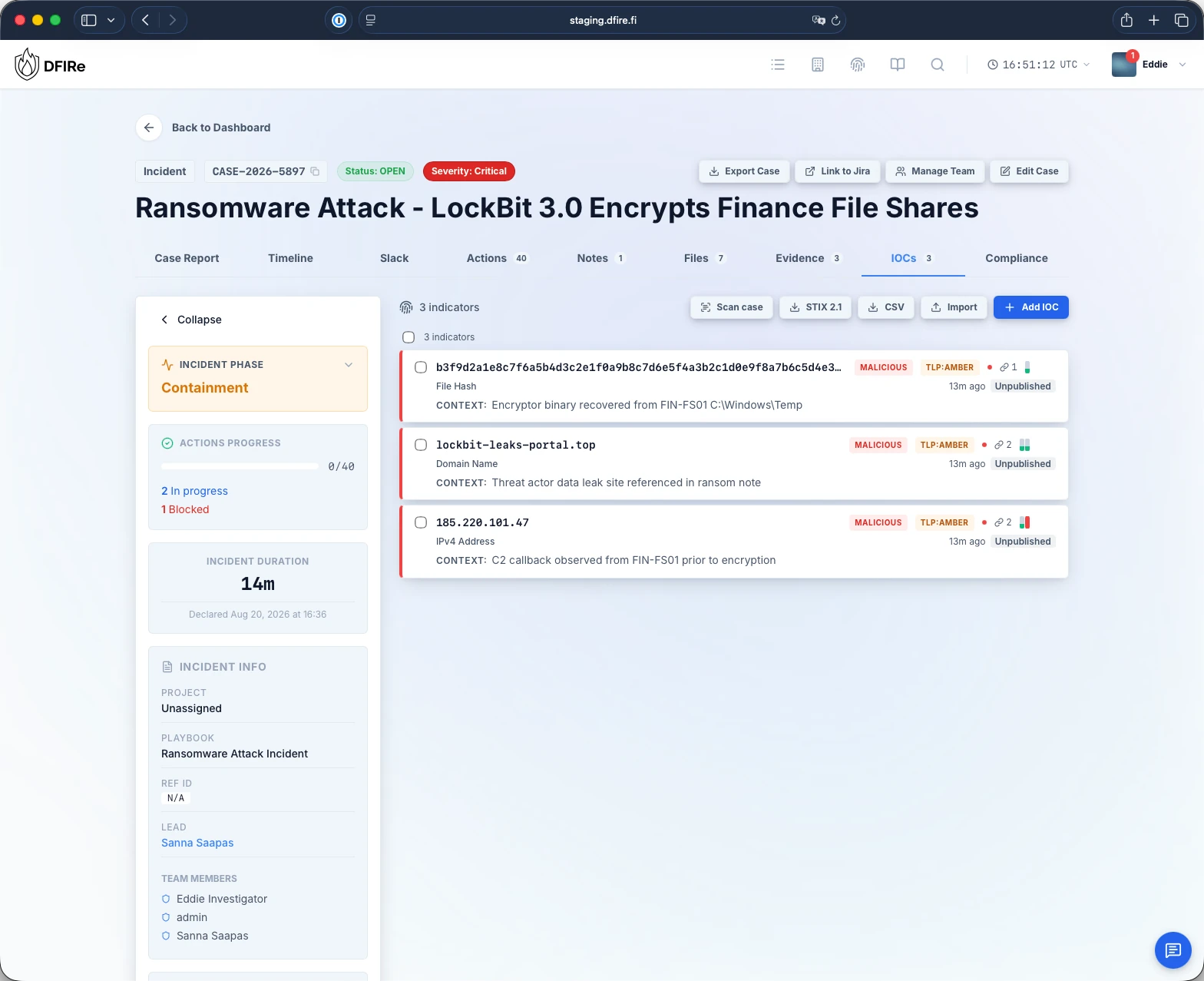 Indicator list with a file hash, a domain and an IP address, each marked malicious and TLP:AMBER