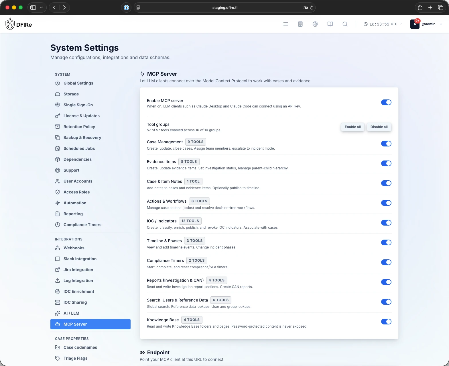 MCP server settings: tool groups an LLM client may use, each switched on separately